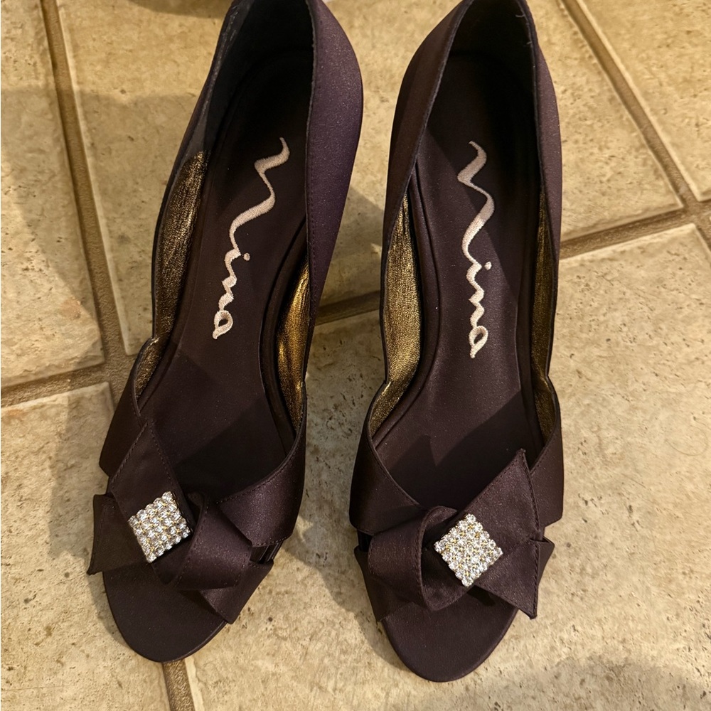 Nina Black Satin Peep-Toe Heels with Bow